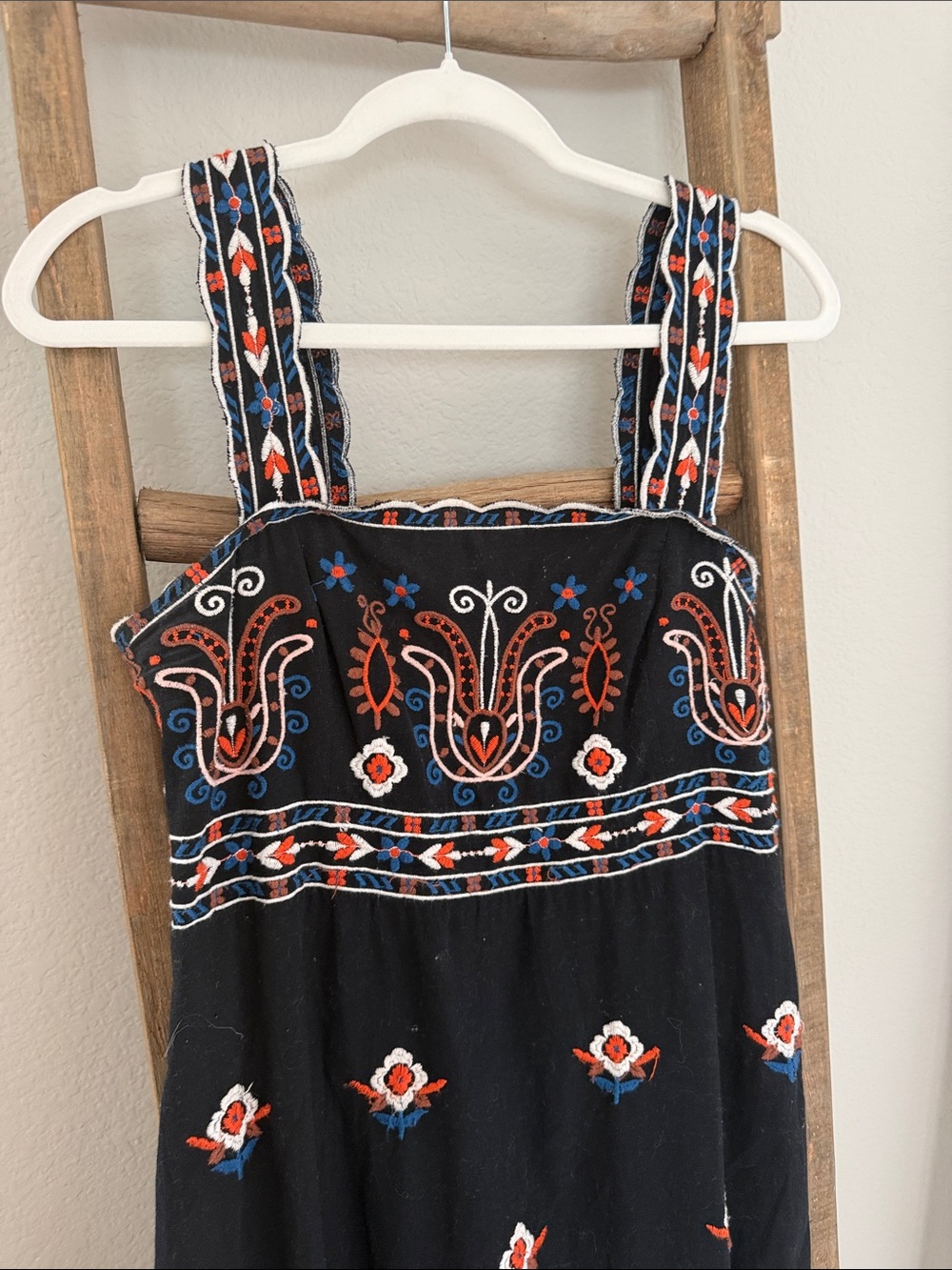Farm Rio for Anthropologie Embroidered Sundress with Red & Blue Floral Detail